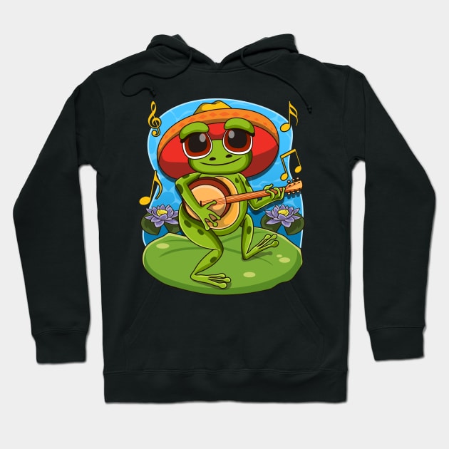 Frog Playing Banjo on Mushroom Cute Cottagecore Aesthetic Hoodie by aneisha